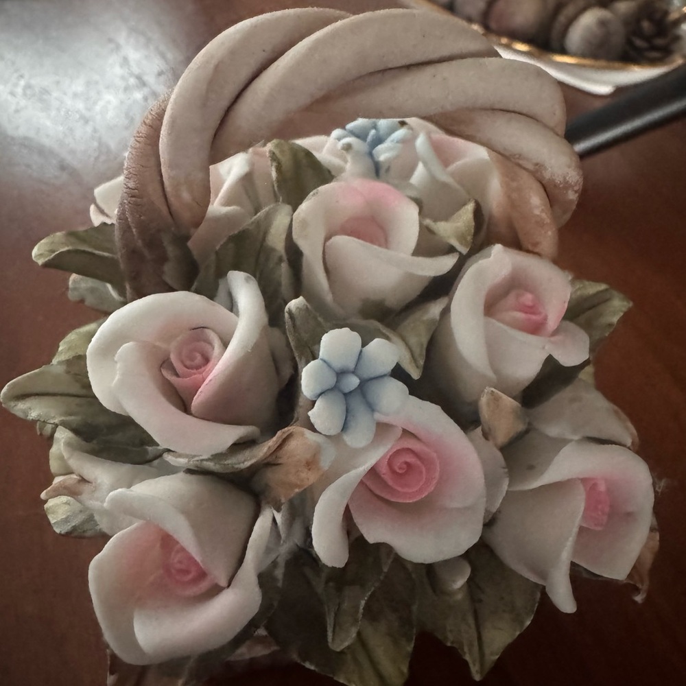 Pink Porcelain Rose Basket Floral Accent by